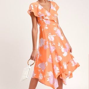 Orange Floral Print Ruffled Wrap Dress